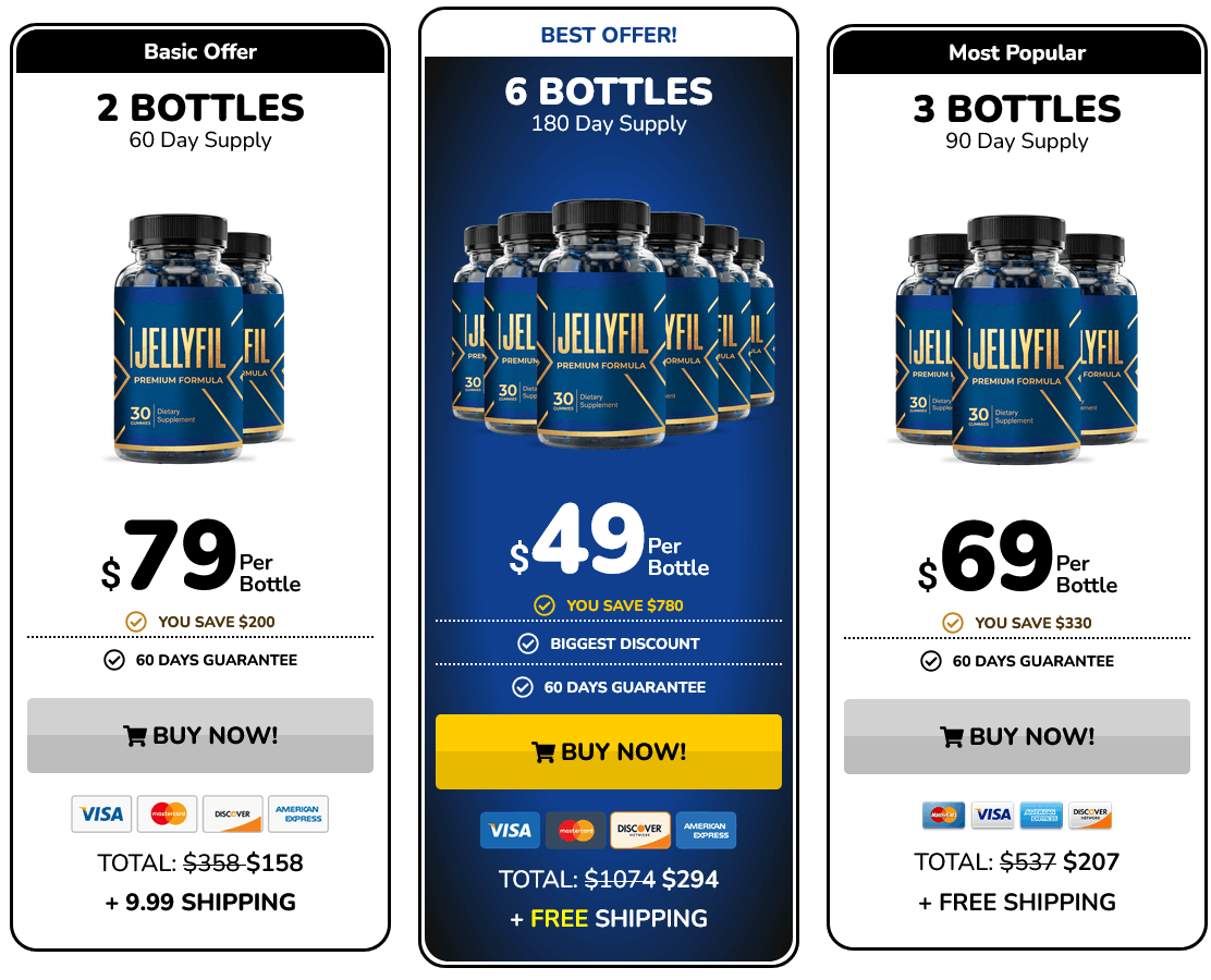 JellyFil pricing packages: 2 bottles $79, 6 bottles $49 per bottle, 3 bottles $69